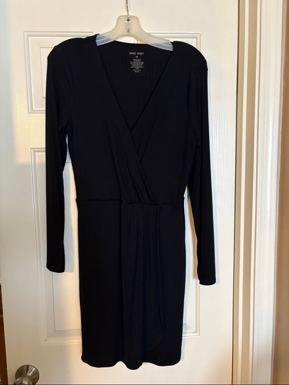 Nine West Black Long Sleeve Faux-Wrap Midi Dress